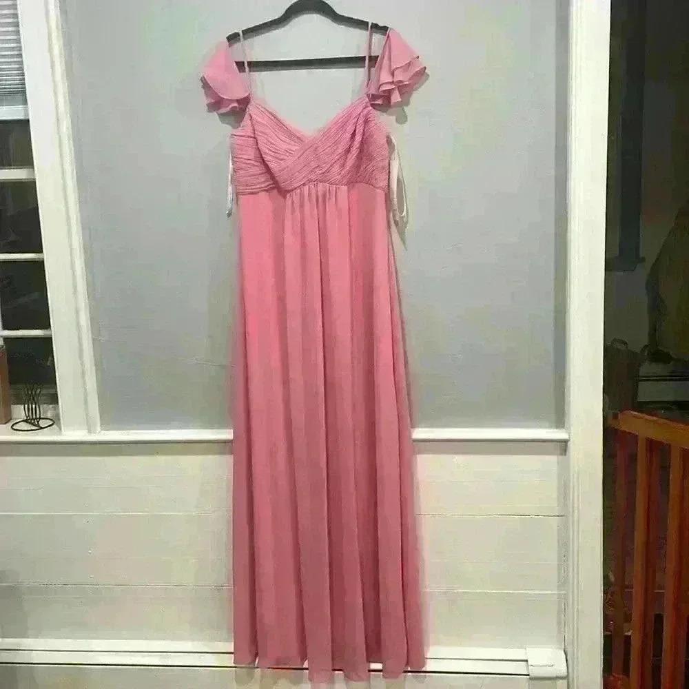 Levkoff 7057 Rose Petal Pink Size 14 Chiffon off-the-shoulder gown dress NWT
